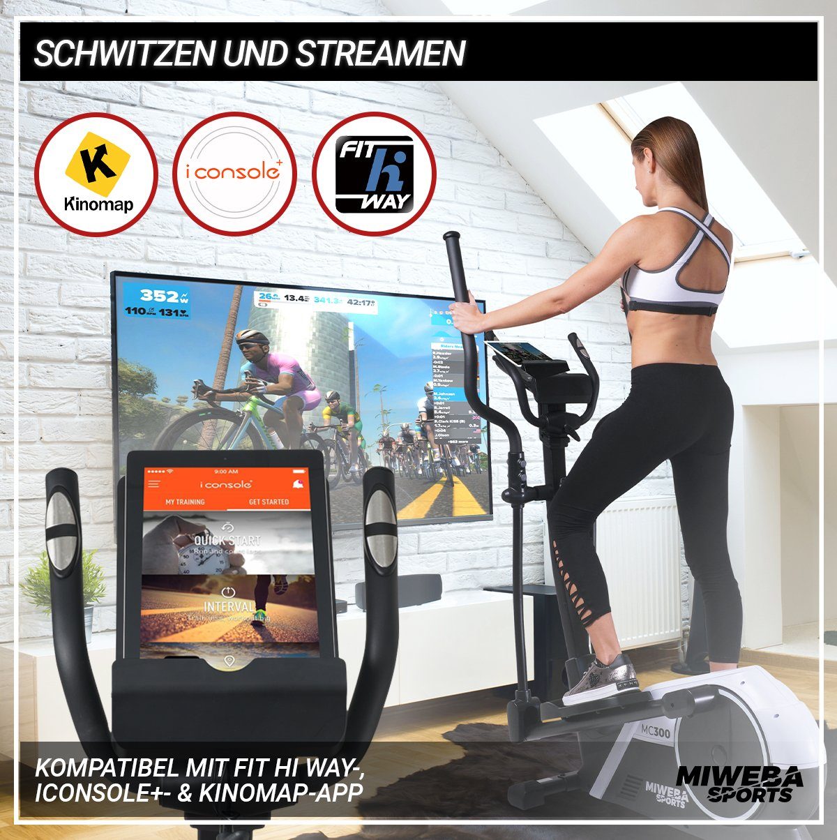 Miweba Sports Ellipsentrainer Profi Crosstrainer MC300 inkl. Pulsgurt - 21 kg Schwungmasse (8 Intensitätsstufen, 16 Trainings Programme, Cardio, Fitnessgerät, Sportgerät, verstellbar, 1-tlg., iConsole, Kinomap, FitHiWay App, großes LCD Display, Table