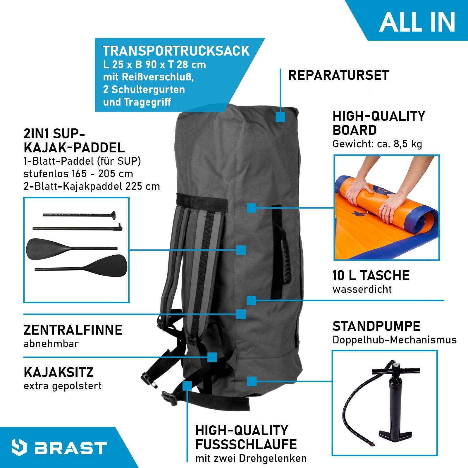 BRAST SUP-Board Summer Aufblasbares Stand up Paddle Set - 320x81x15cm, 5 Jahre Garantie inkl. Sonderzubehör, (2in1 Paddel Kajak-Sitz Action-Cam-Halterung), Fußschlaufe Paddel Pumpe Rucksack
