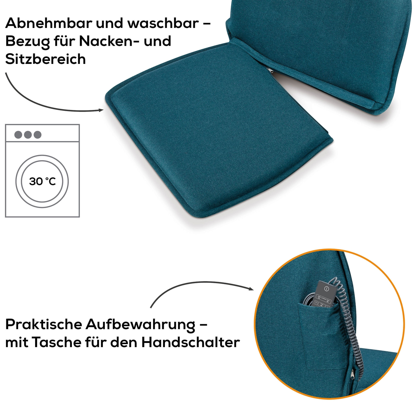 MG 330 Petrol Blue Shiatsu-Massagesitzauflage-Stylische Massagesitzauflage mit 3 Massagebereichen