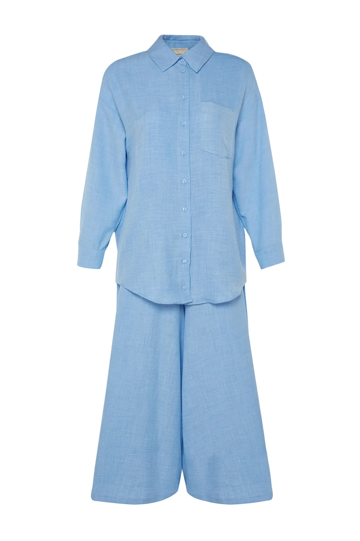 Trendyol Modest  X Kevser Sarıoglu Blaues gewebtes Hemd-Hosen-Set mit weitem Bein TCLSS23US00001