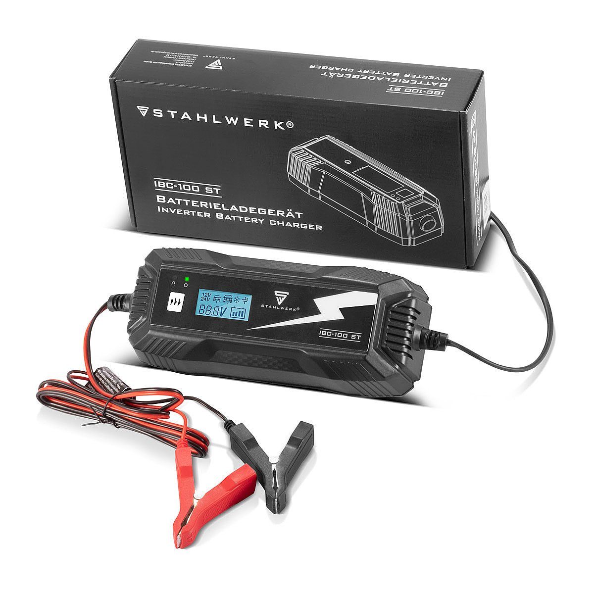 STAHLWERK Batterieladegerät IBC-100 ST mit Mikroprozessor Autobatterie-Ladegerät (Packung, 1-tlg., Das Batterieladegerät verfügt über einen Überladungs-, Polungs- und Kurzschlussschutz., und 10 Lademodi für 12V/24V AGM, VRLA, MF, SLA und GEL-Batterie
