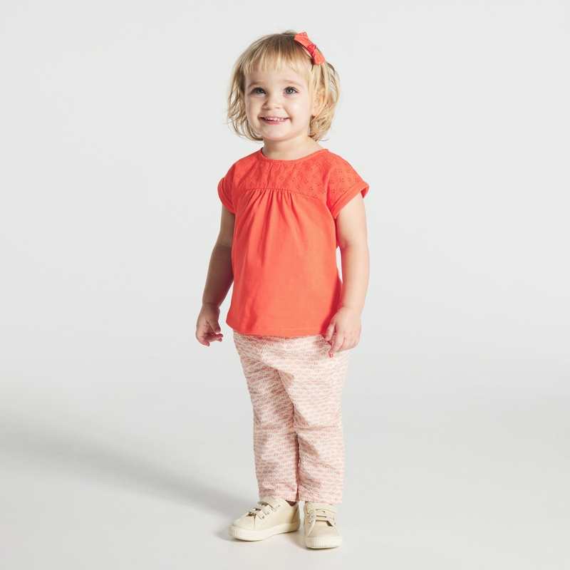 T-shirt bi-matière broderie anglaise orange bébé fille
