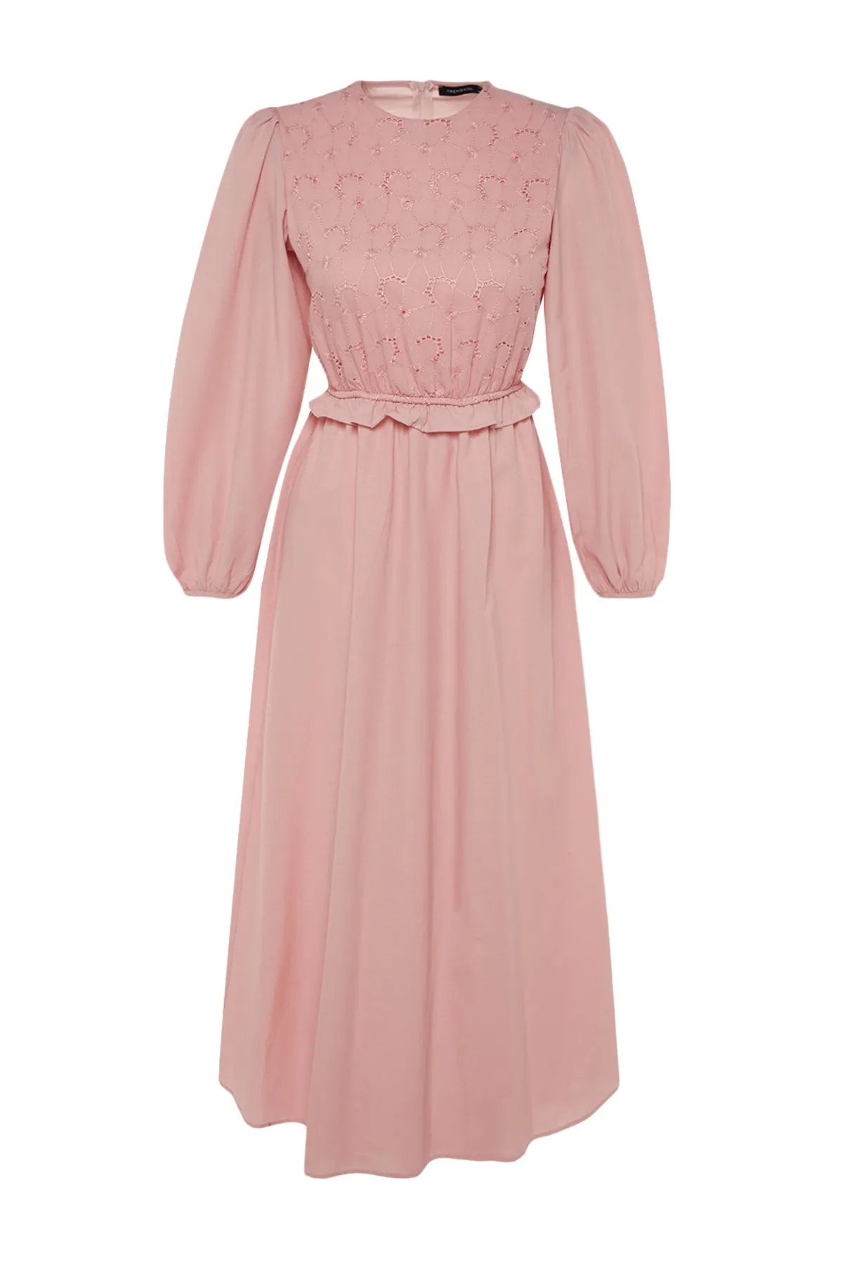 Trendyol Modest  Hellrosa Kleid aus gewebter Baumwolle mit Stickereien und Rüschendetails TCTSS23EB00053