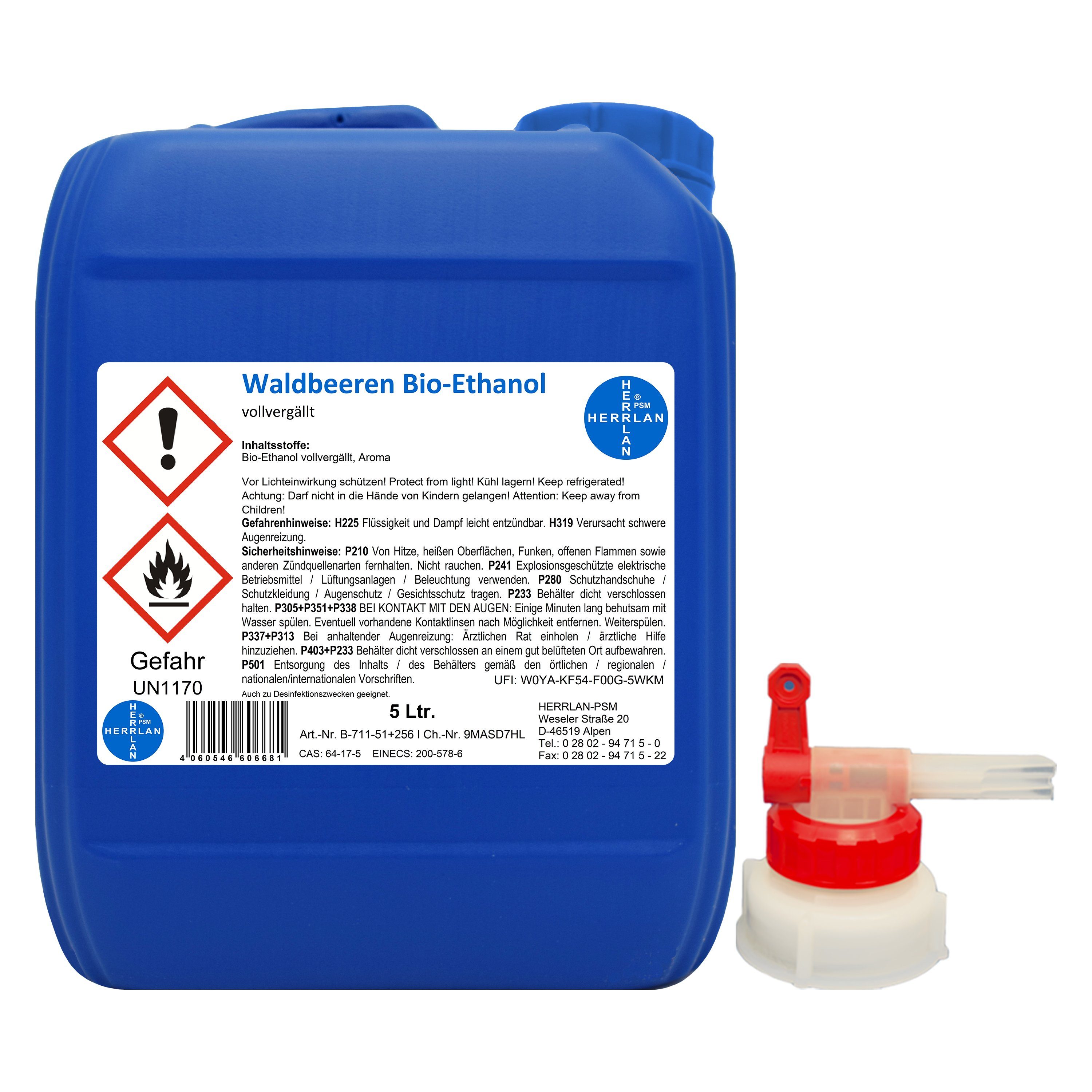 HERRLAN Bioethanol Waldbeeren Alkohol I Kamin-Ethanol I vollvergällt, 5 l, inkl. 1 x AGH I HERRLAN-Qualität I Made in Germany