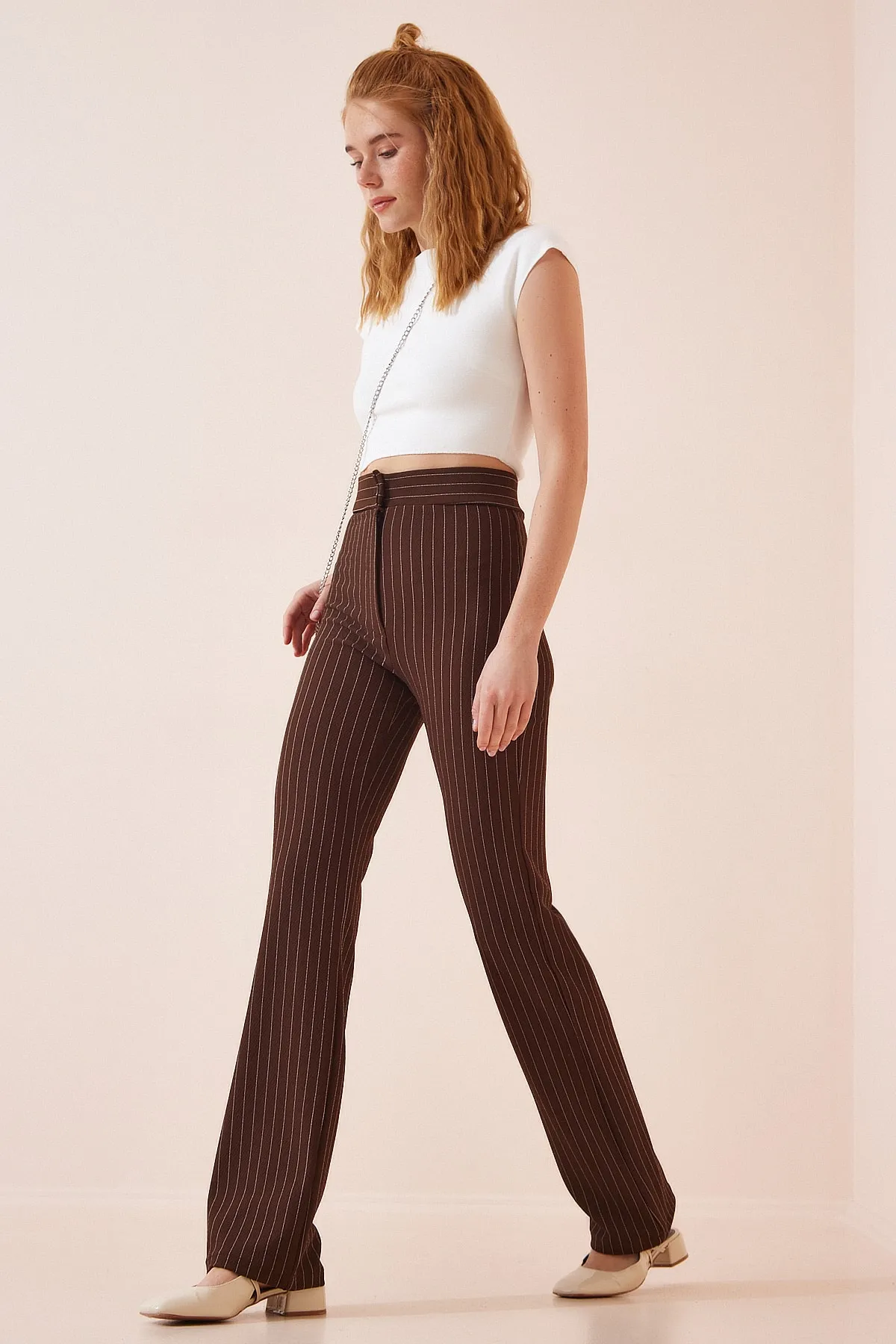 Happiness İstanbul  Braune gestreifte Damenhose mit hoher Taille RV00094