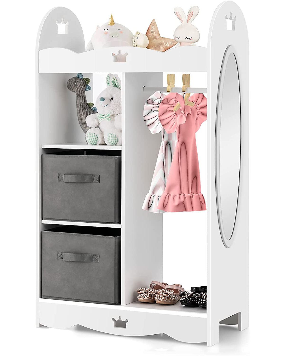 Kleiderschrank Kinder mit Spiegel & 2 Stoffbox