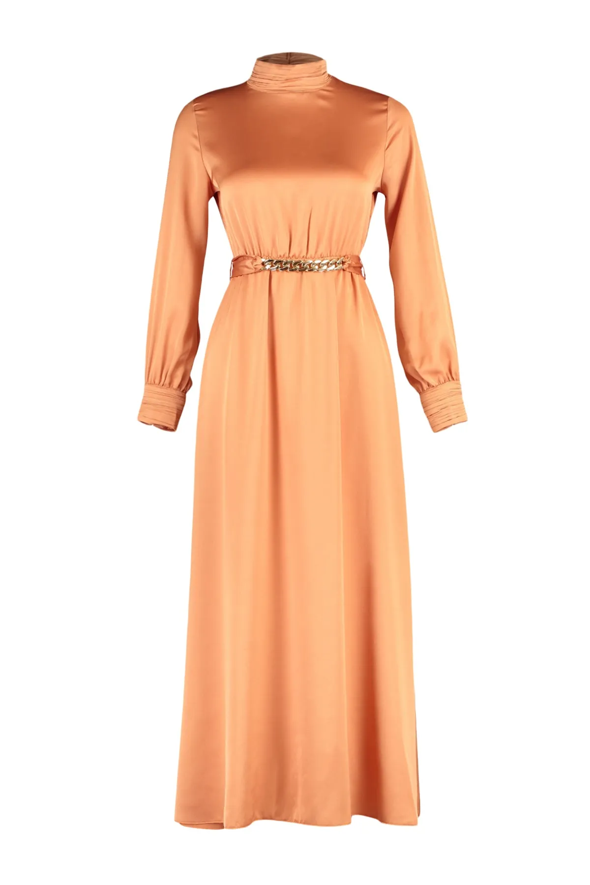 Trendyol Modest  Orangefarbenes gewebtes Abendkleid mit drapiertem Kragen und Manschetten, Gürtel TCTSS22EB0142