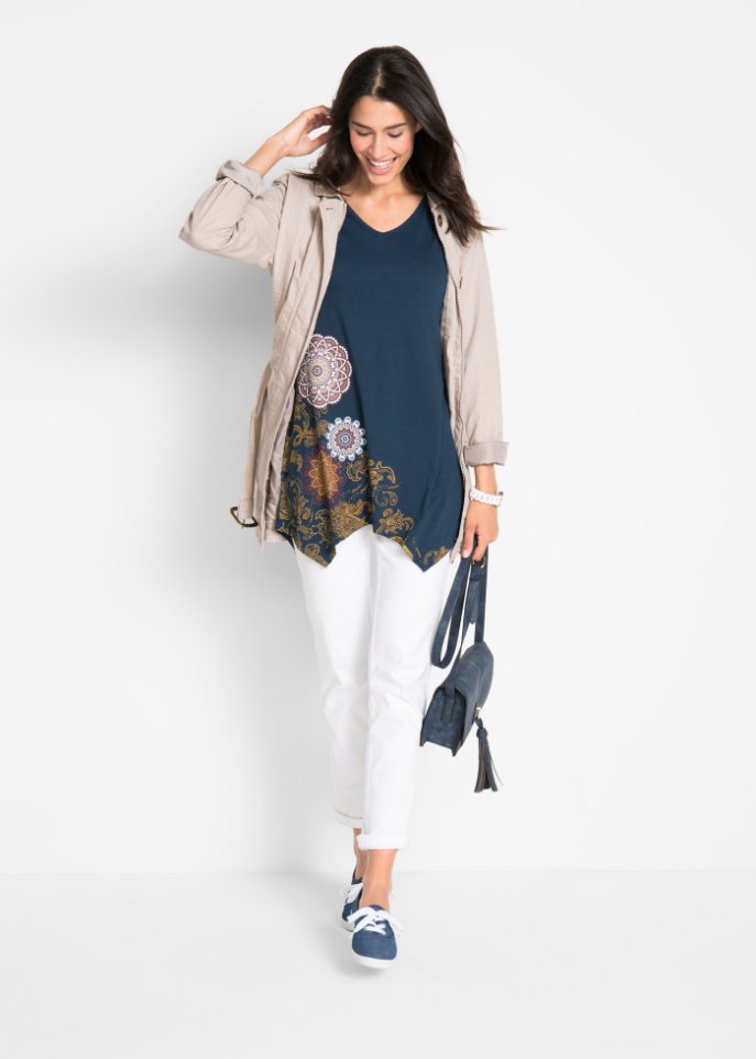 Zipfel-Longshirt mit V-Ausschnitt, 3/4-Arm