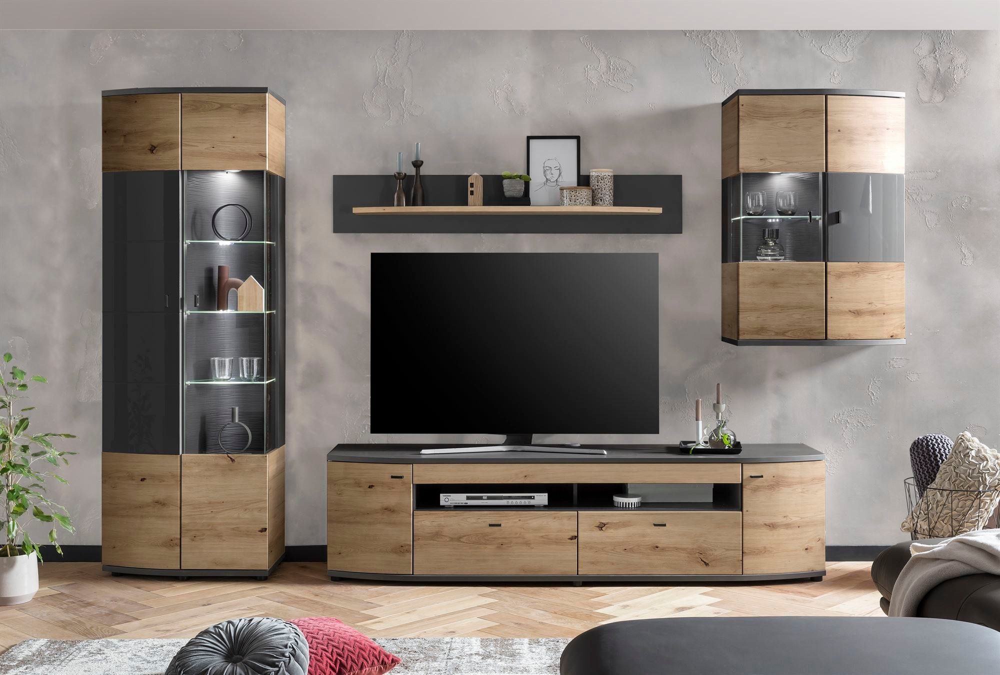 58 aufm Kessel Wohnwand Wohnwand Jacinthe 320x200x46 Eiche/Anthrazit/Anthrazit Hochglanz 10179, (Komplettset, 4-St), Türen mit Selbsteinzug und Dämpfung