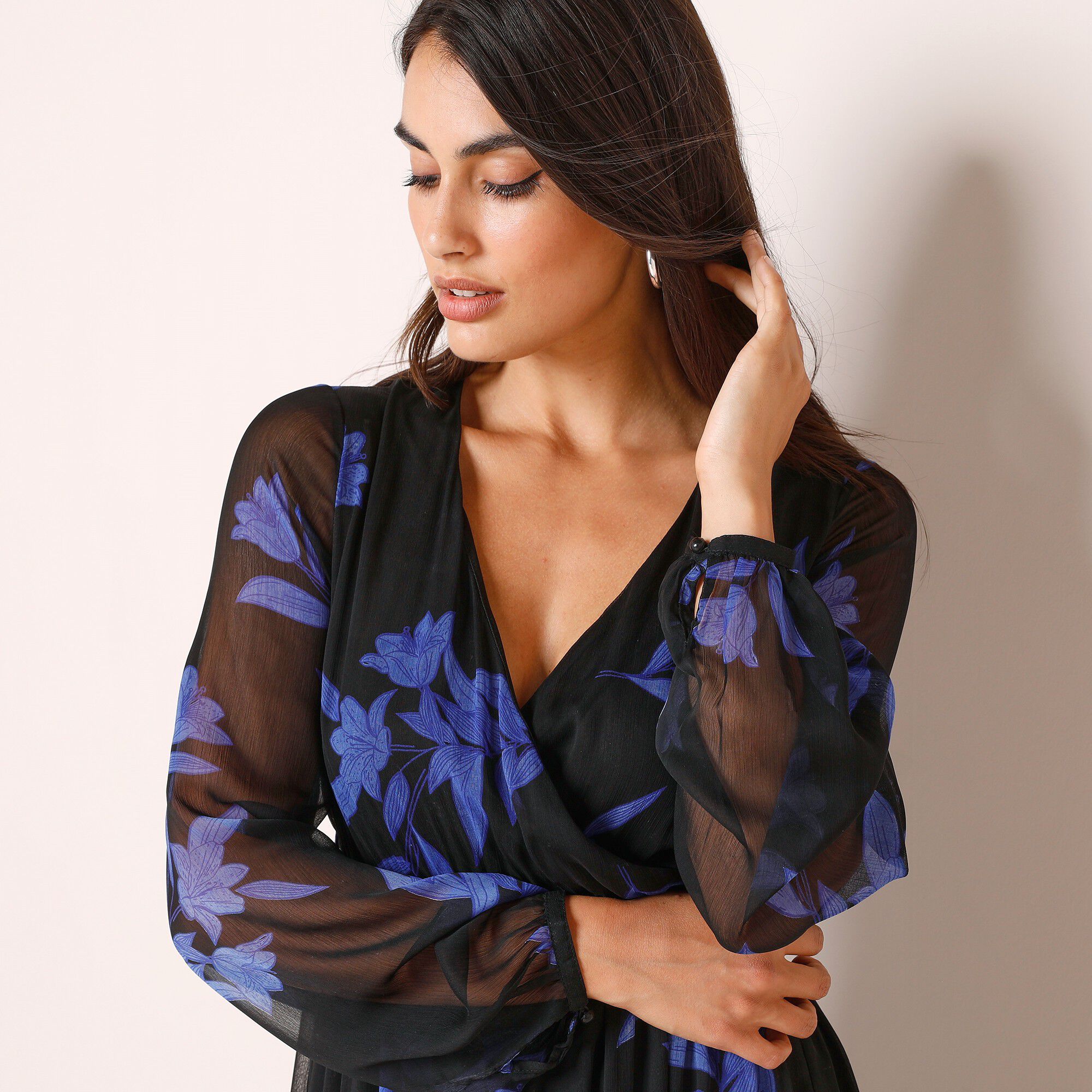 Robe longue volant, voile imprimé