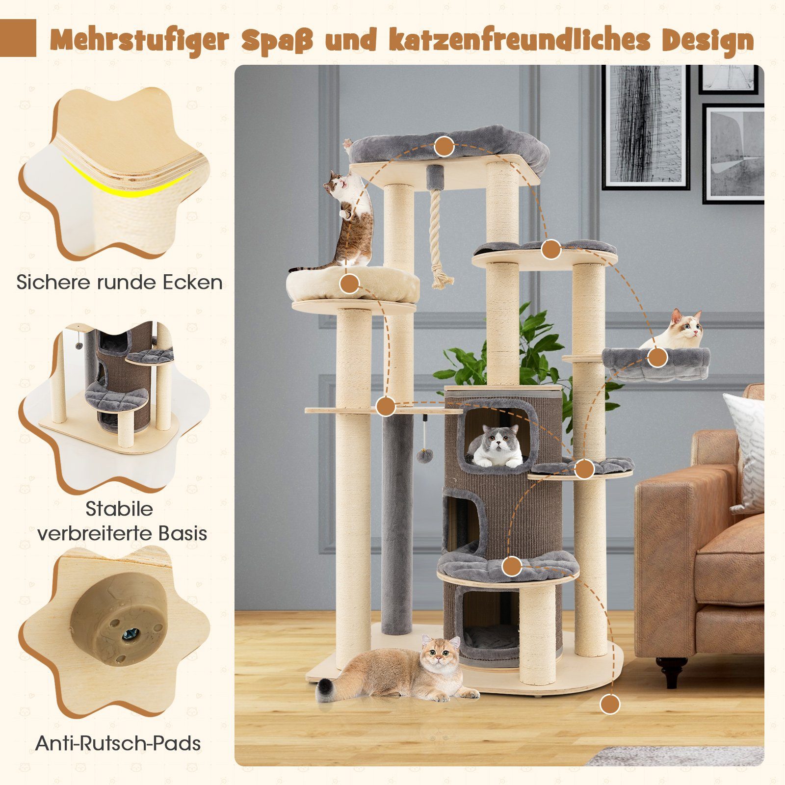 COSTWAY Kratzbaum Katzenbaum, 173cm deckenhoch, mit 3 Katzenhöhle