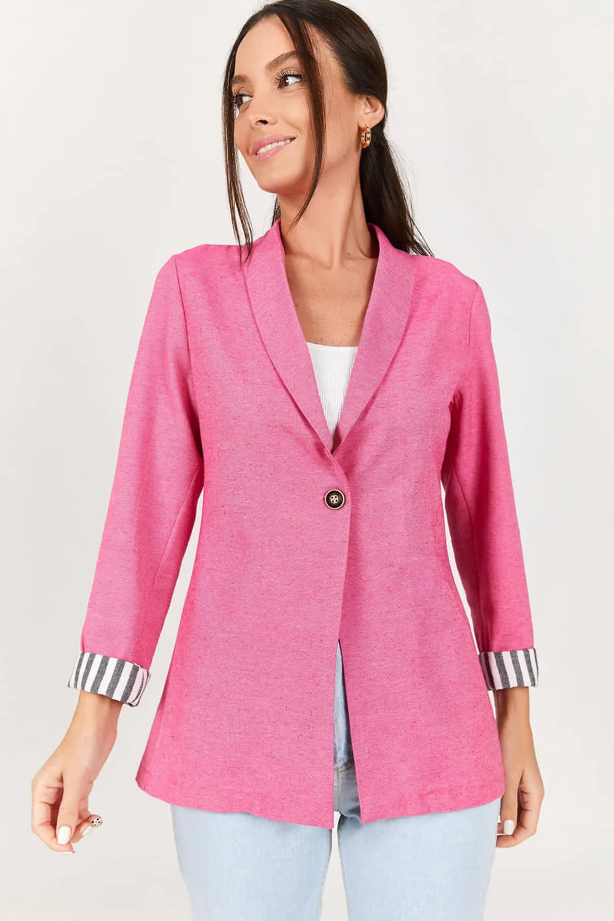 armonika  Gestreifte Jacke mit einem Knopf für Damen in Fuchsia-Ärmeln, ARM-22K001122