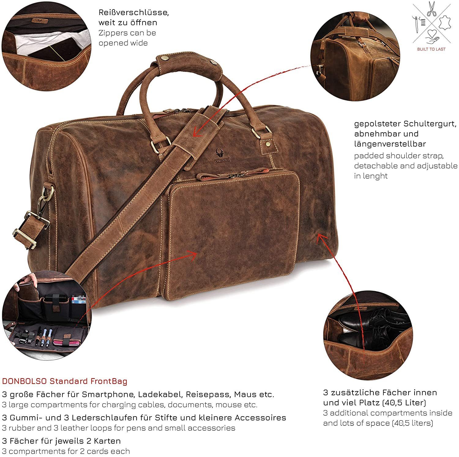 Donbolso Weekender Weekender Neapel - Reisetasche Herren groß, Leder Braun, Braun L