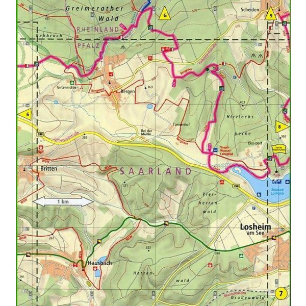 Wanderkarte Saar-Hunsrück-Steig 1, Perl - Idar-Oberstein, Kell am See - Trier 1:25 000 - Wanderkarte