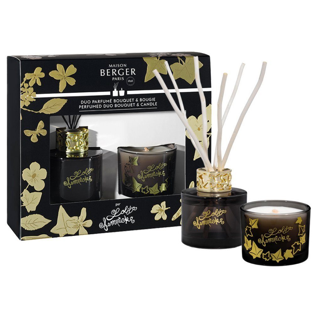 MAISON BERGER PARIS Diffuser Lolita Lempicka Set Stäbchenduft + Duftkerze inkl. Duftstäbchen, Flacon + Duft + Stäbchen - alles inklusive und sofort einsatzbereit, Geschenkset enthält 1 Duftkerze Lolita Lempicka