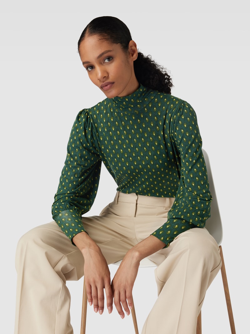 Longsleeve mit Allover-Muster und Stehkragen in dunkelgrün