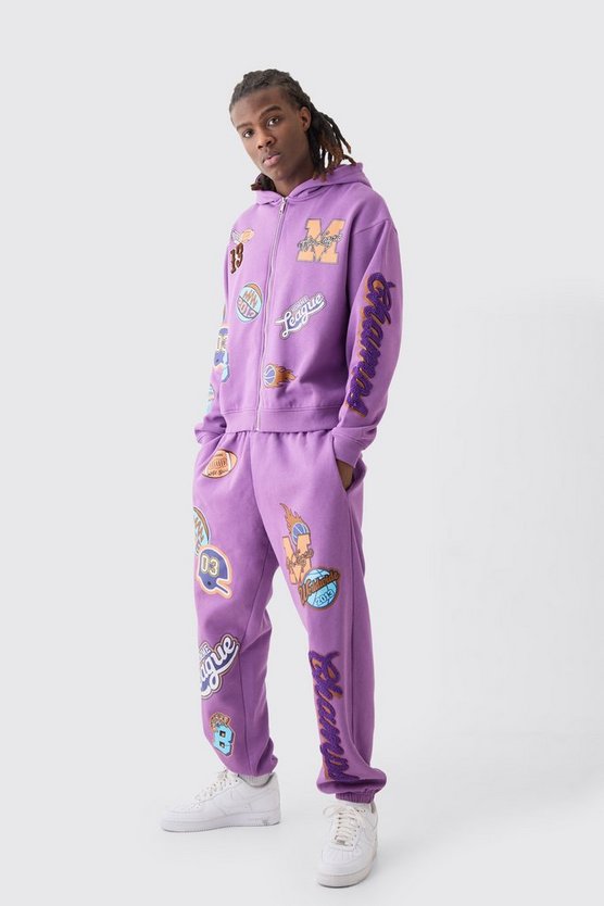 Oversized Boxy Varsity Zip Through Hooded Tracksuit