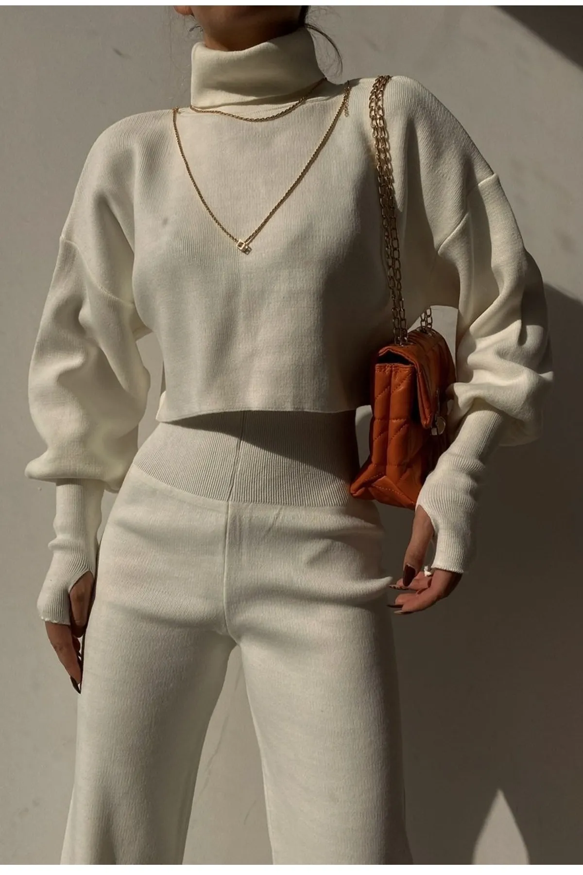lovebox  Handgenähtes, ecrufarbenes Strickoberteil und ecrufarbene Strickhose mit hoher Taille, Doppelset 015