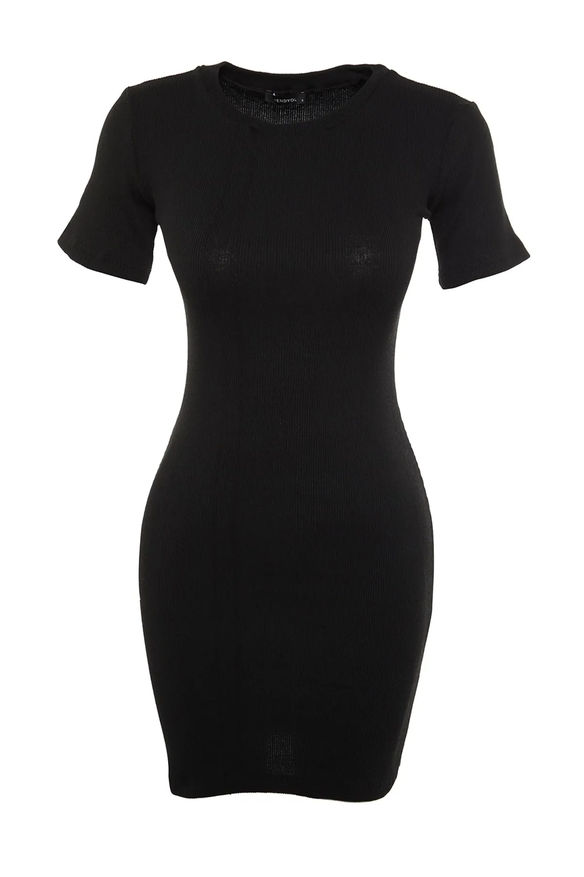 Trendyol Collection  Schwarzes tailliertes Mini-Bleistiftkleid aus geripptem, flexiblem Strick und Rundhalsausschnitt TWOSS19AD0053