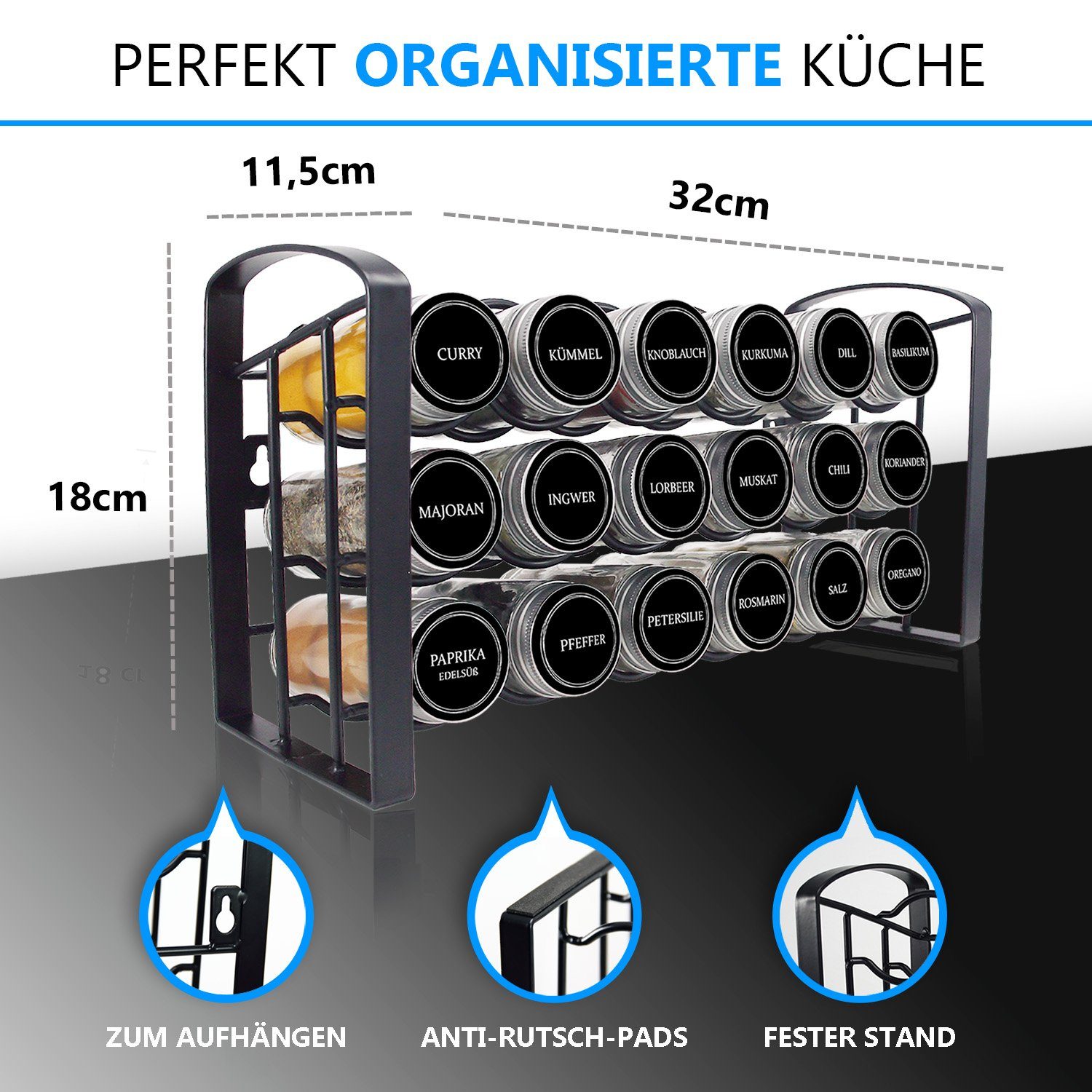LEANDER DESIGN Gewürzregal, Komplett-Set, 18 Gewürzgläser, inklusive 54 Gewürzetiketten