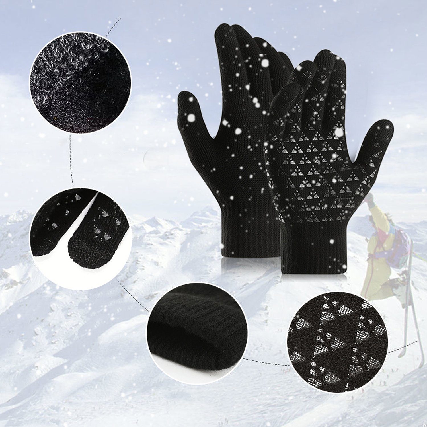 Bedee Strickhandschuhe Damen und Herren Winter Handschuhe Strickhandschuhe Winterhandschuhe (Einheitsgröße, Anti-Rutsch-Dreieck-Silikon-Design) Winterhandschuhe für Damen und Herren Touchscreen - Winddichte warme