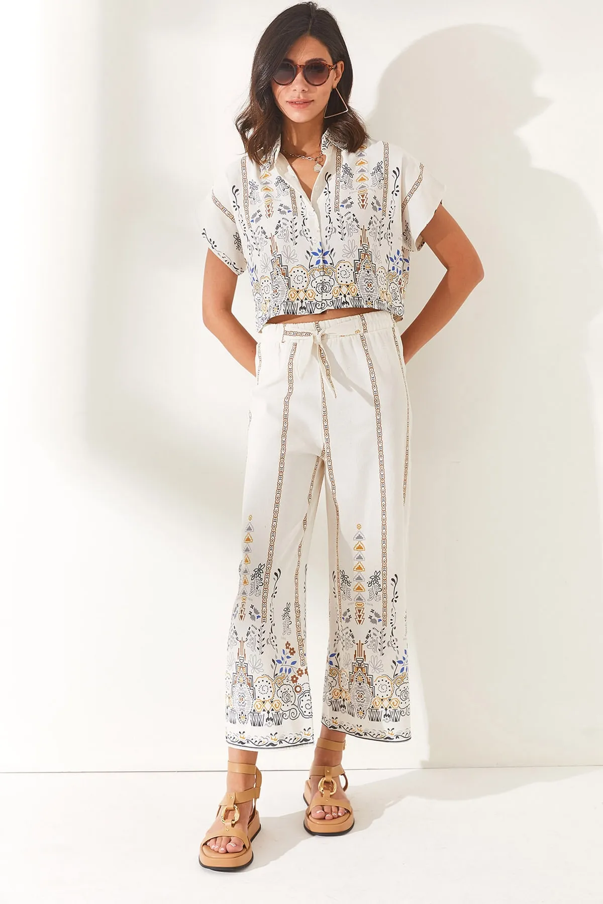 Olalook  Damen Blumen Kaffee Top Shirt Bottom Hose Leinen Mischgewebe Set TKM-19000202