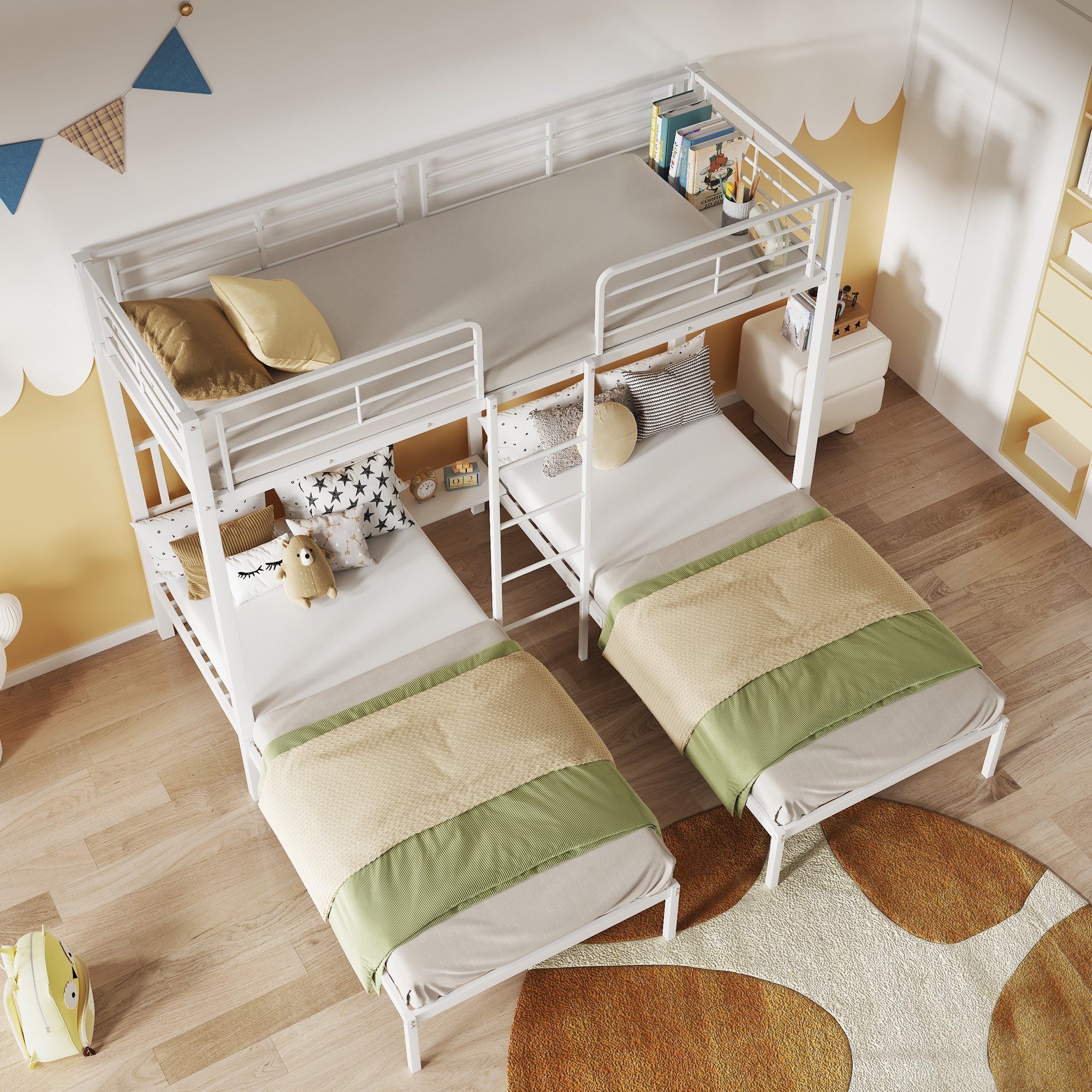 Flieks Etagenbett, Dreierbett Kinderbett Metallbett mit Leiter 90x200cm*3