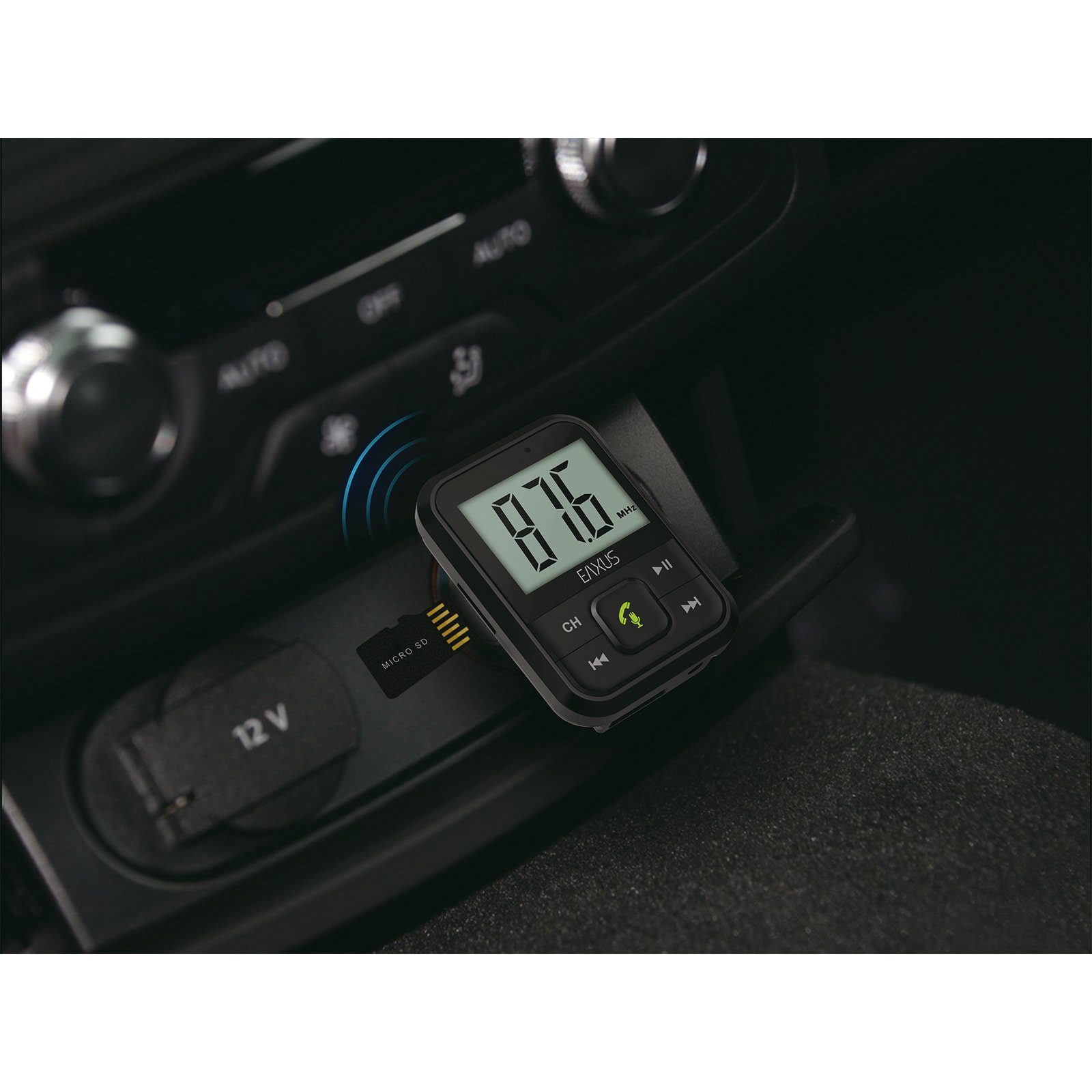 EAXUS Bluetooth FM-Transmitter für Autoradio KFZ-Transmitter Bluetooth, 3,5-mm-Klinke, microSD, USB-Sticks, Mit Freisprechfunktion und USB-Anschluss zum Laden