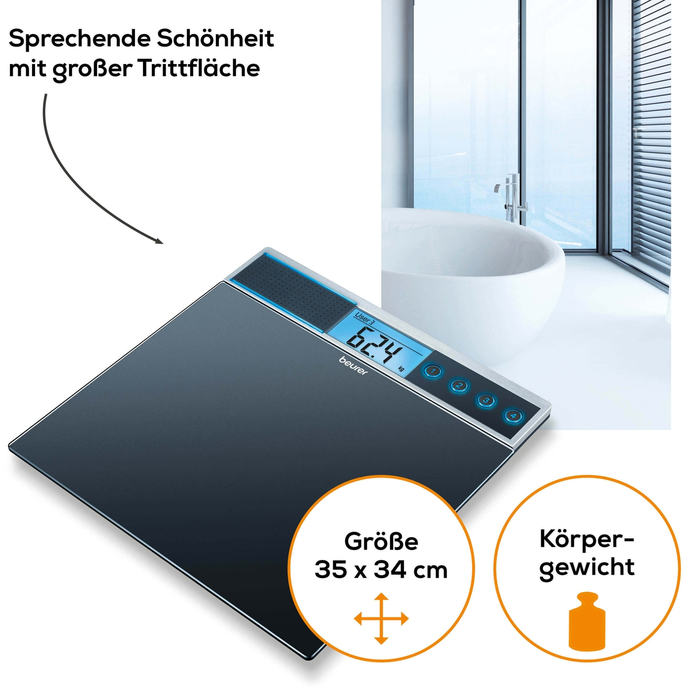 Beurer Glaswaage GS 39-Personenwaage aus Glas mit Sprachfunktion in 5 Sprachen - bis 150 kg