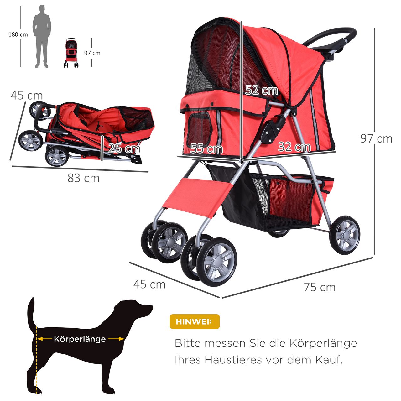 PawHut Hundewagen Hundebuggy Pet Stroller Hunde Buggy mit 4 Rolle in 4 Farben