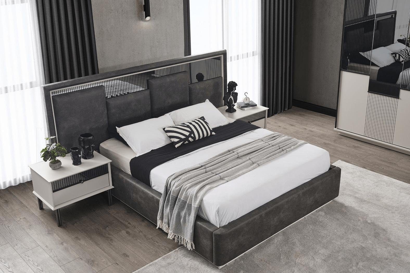 JVmoebel Schlafzimmer-Set Schlafzimmer Garnitur Schwarzes Doppelbett 2x Moderne Nachttische, (3-St., Bett, 2x Nachttische), Made in Europa