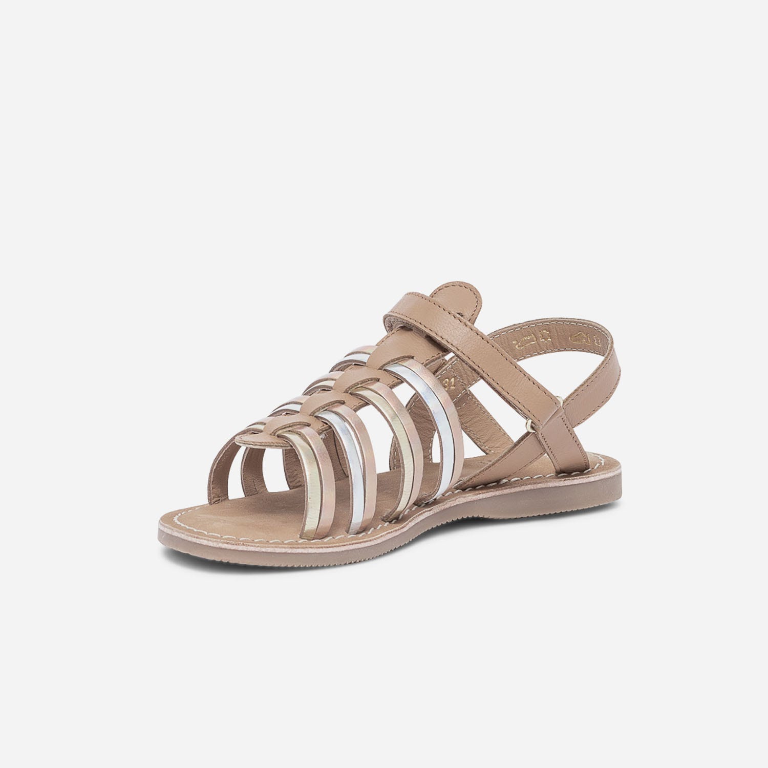 Sandale camel en cuir à brides cuivré, argent et or