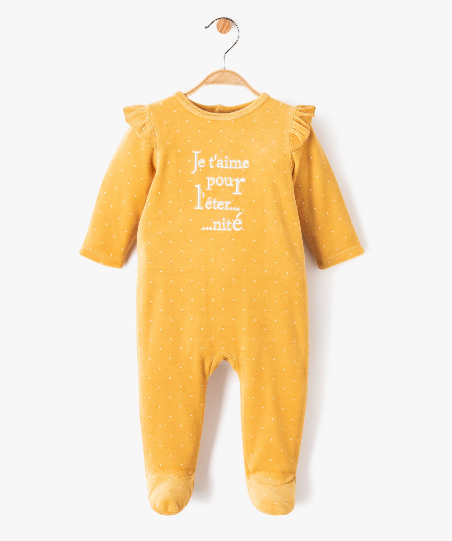Pyjama bébé en velours imprimé pois et volant jaune | GEMO