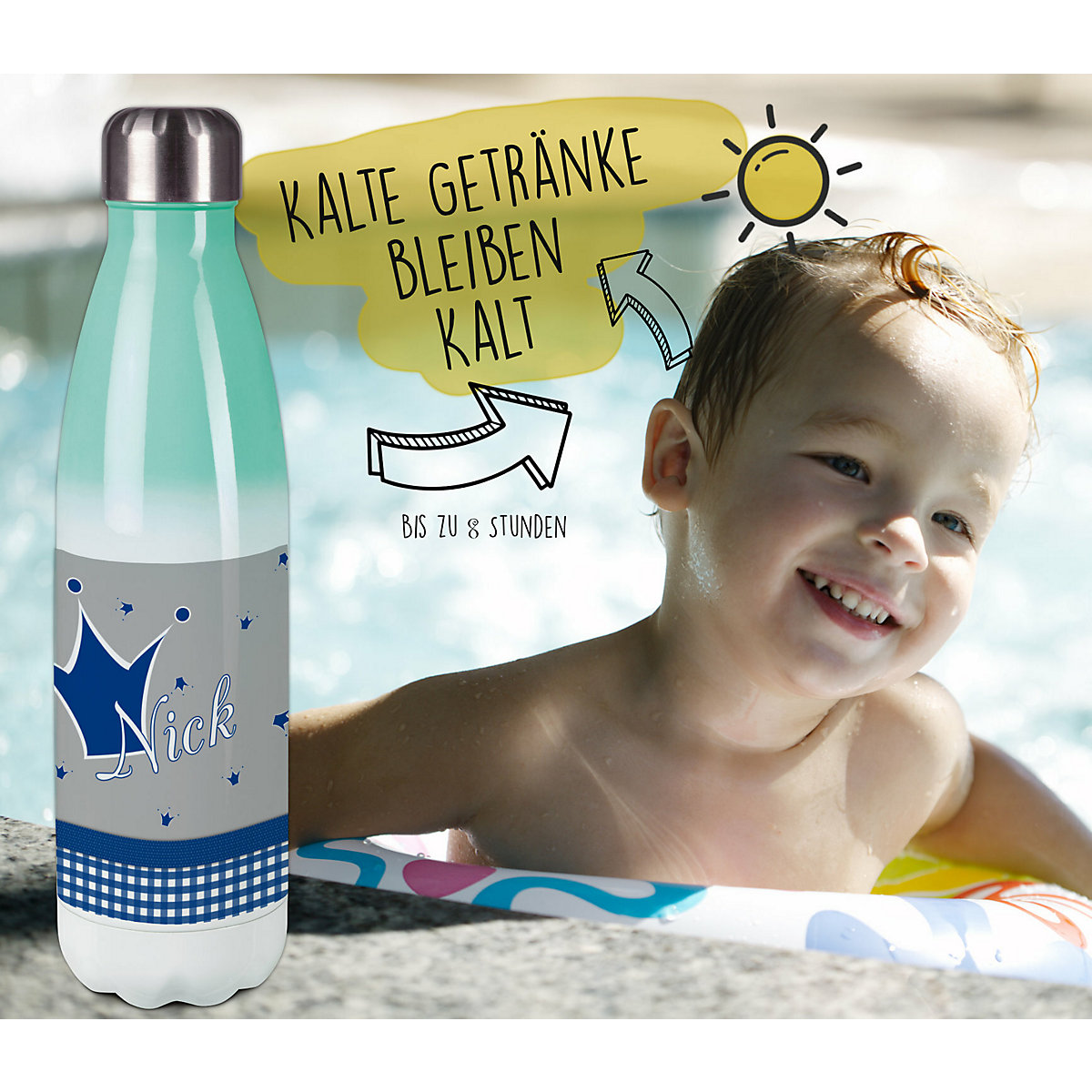 Edelstahl Kinder Thermoflasche / Trinkflasche bunt Krone Farbe blau grau Spülmaschinenfest, Auslaufsicher, Bruchfest, Doppelwandig, Für Heißgetränke geeignet, Mit Deckel, Isoliert