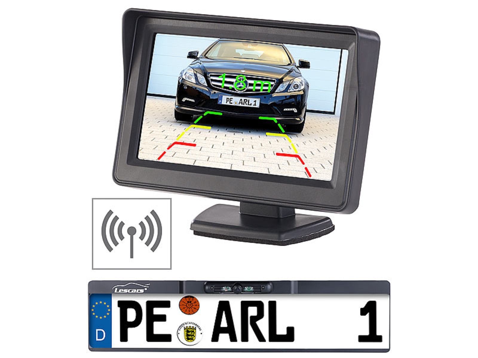 Lescars Lescars Funk-Rückfahrkamera 10,9-cm-TFT-Monitor Nummernschild Rückfahrkamera (480 x 272 Pixel, 2x Video-Cinch und Strom-Adapterstecker mit 45cm Länge, Übertragung via Funk, somit keine Kabelverlegung nach Vorne nötig)