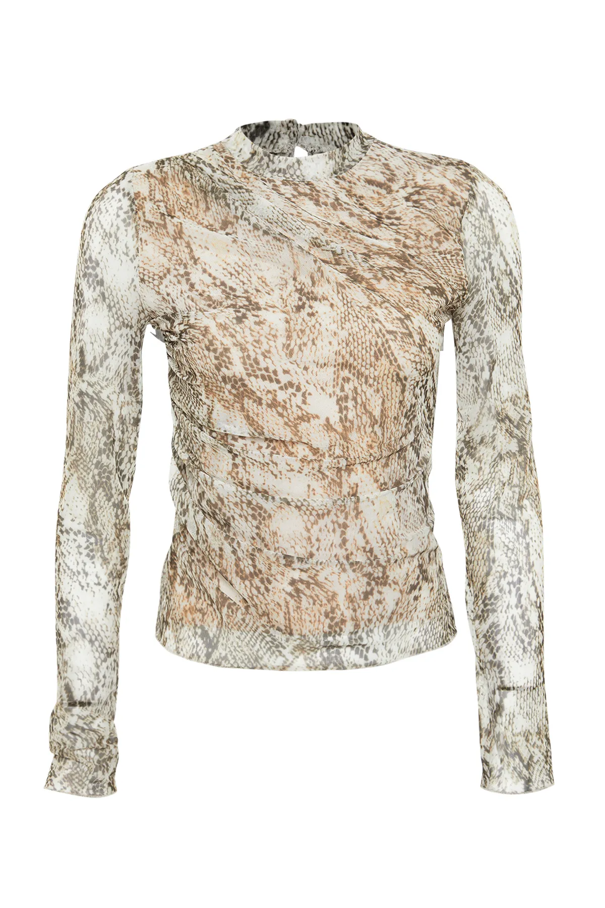Trendyol Collection  Khakifarbene, gemusterte, drapierte, durchsichtige, figurbetonte Tüll-Strickbluse am Rücken TWOAW24BZ00177