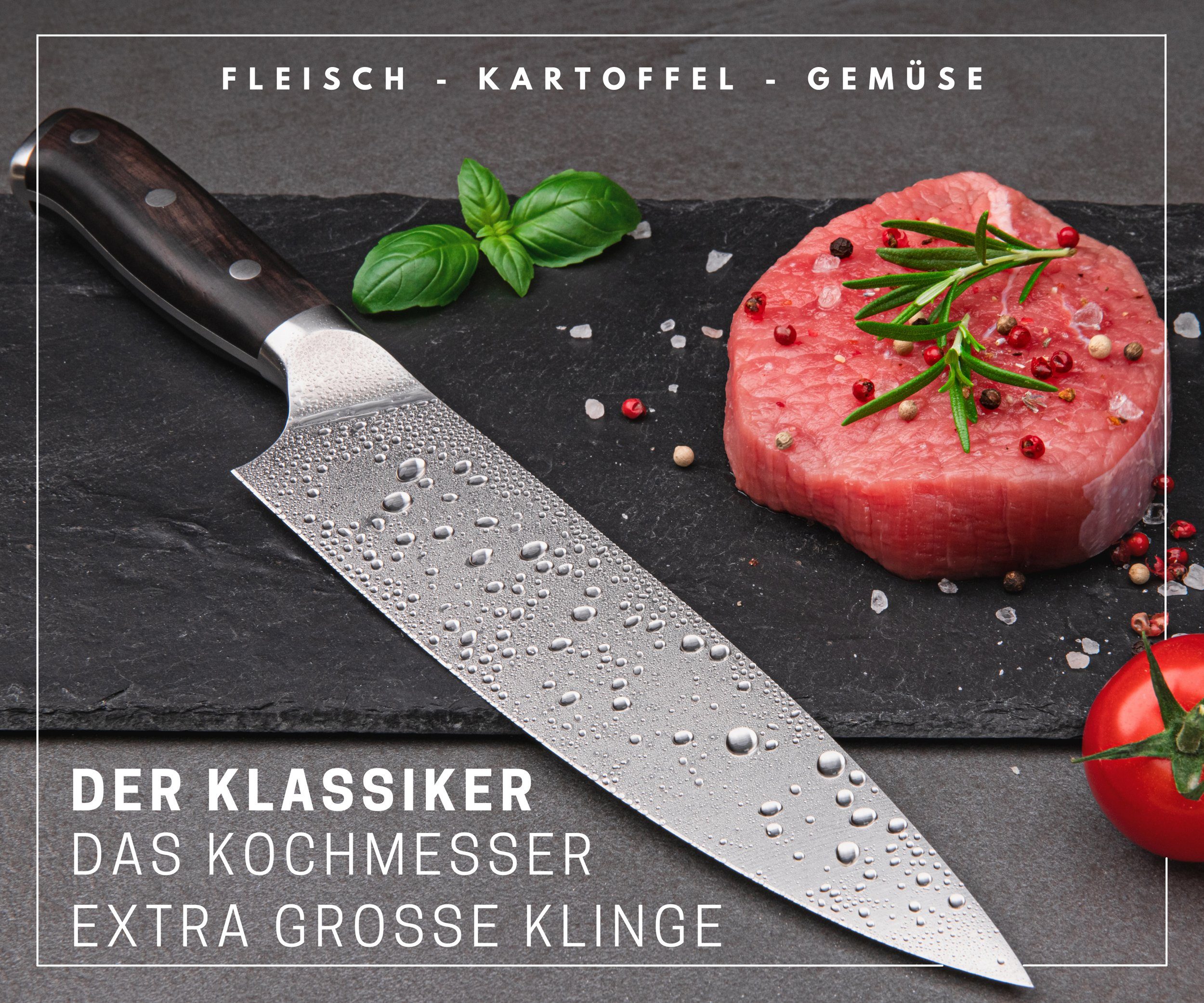 Hannah's Homebrand Kochmesser rostfreies Kochmesser extra scharf - Chefmesser mit Holzgriff, 21 cm Klinge, Holzgriff
