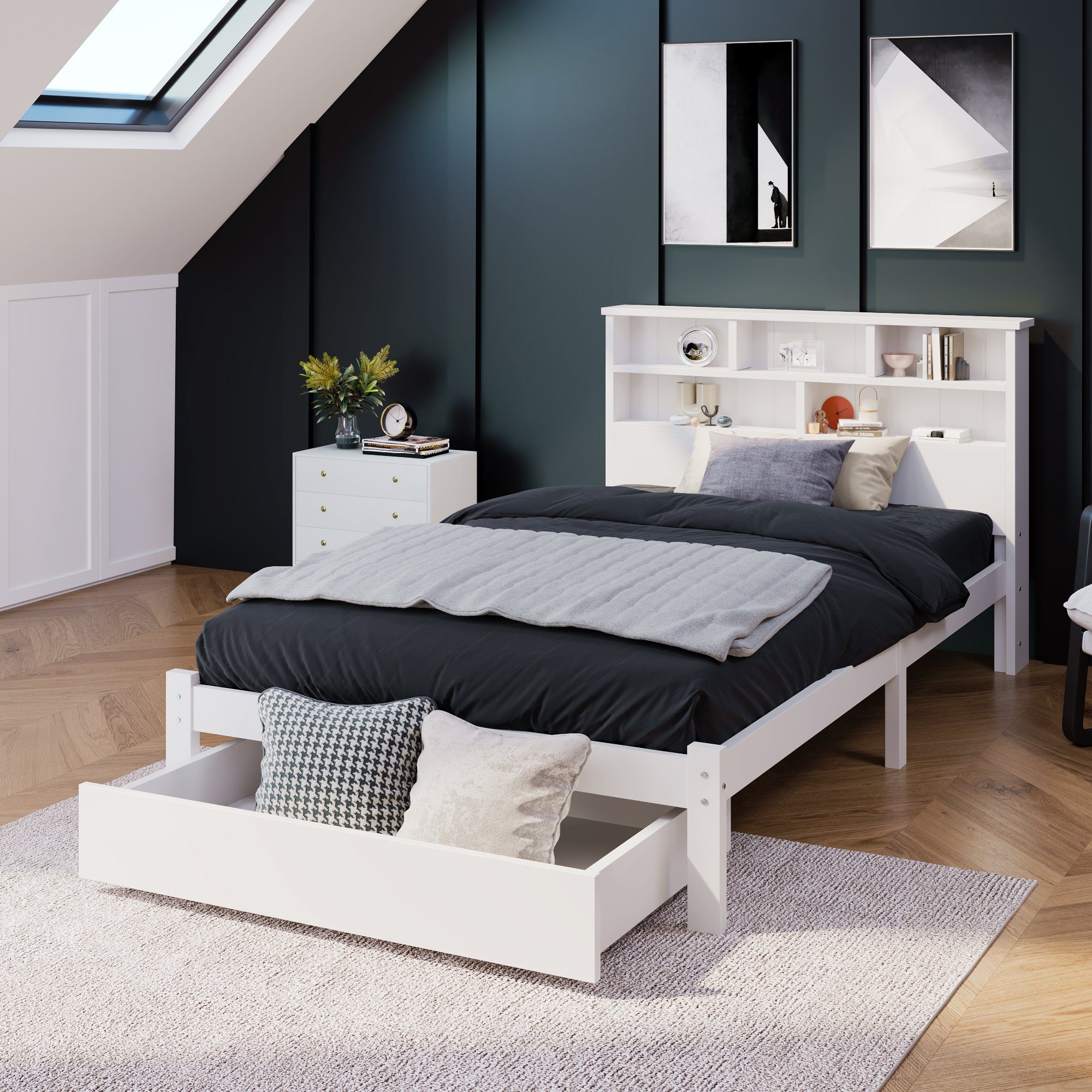 HAUSS SPLOE Holzbett Doppelbett Jugendliche und Erwachsene Kinderbett (Einzelbett oder Doppelbett, mit großer Schublade und Bücherregal Kopfteil), aus Massivholz Kiefer, Weiß, ohne Matratze, 90× 200 cm oder 140× 200 cm