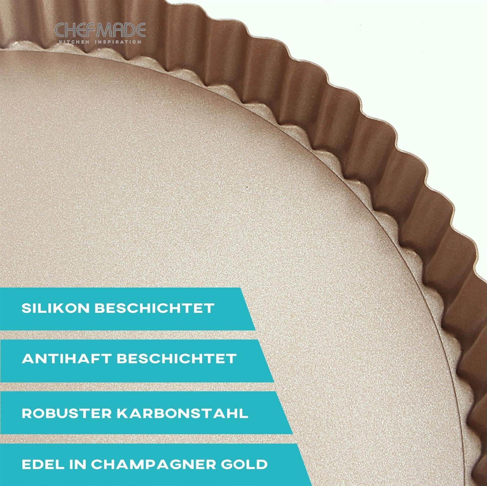 Chefmade Tarteform Kuchenform, (CHEFMADE, 24cm Tarteform mit Hebeboden, 240x23mm, Champagnergold, antihaft- & silikonbeschichtet, Quicheform, mit Hebeboden, Pie Form, Hebebodenform, Obstkuchenform, Karbonstahl 2-tlg), Tarteform mit Hebeboden - Quiche