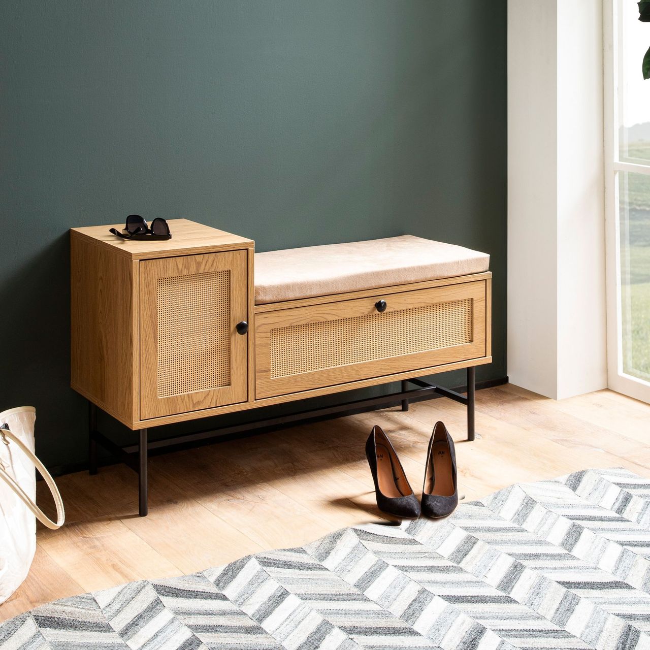 Wohnling Schuhbank 100x60x38 cm mit Sitzfläche Stoff Eiche-Dekor