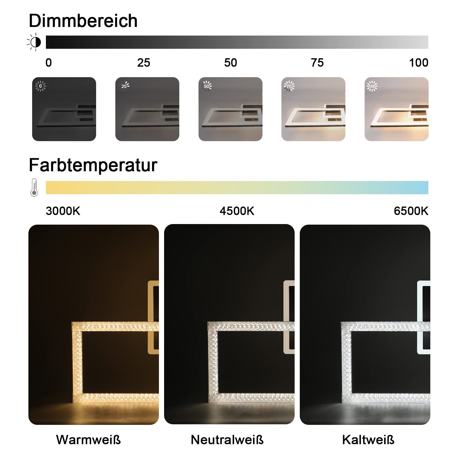 ZMH LED Deckenleuchte Drei Rechtecken Kristall Modern LEDs für Schlafzimmer 57*48cm, Dimmbar, LED fest integriert, warmweiß-kaltweiß, Schwarz