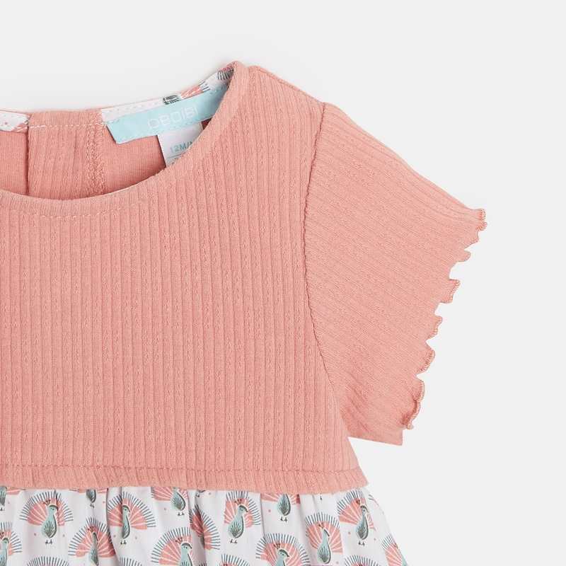 Robe bi-matière imprimée paons rose bébé fille