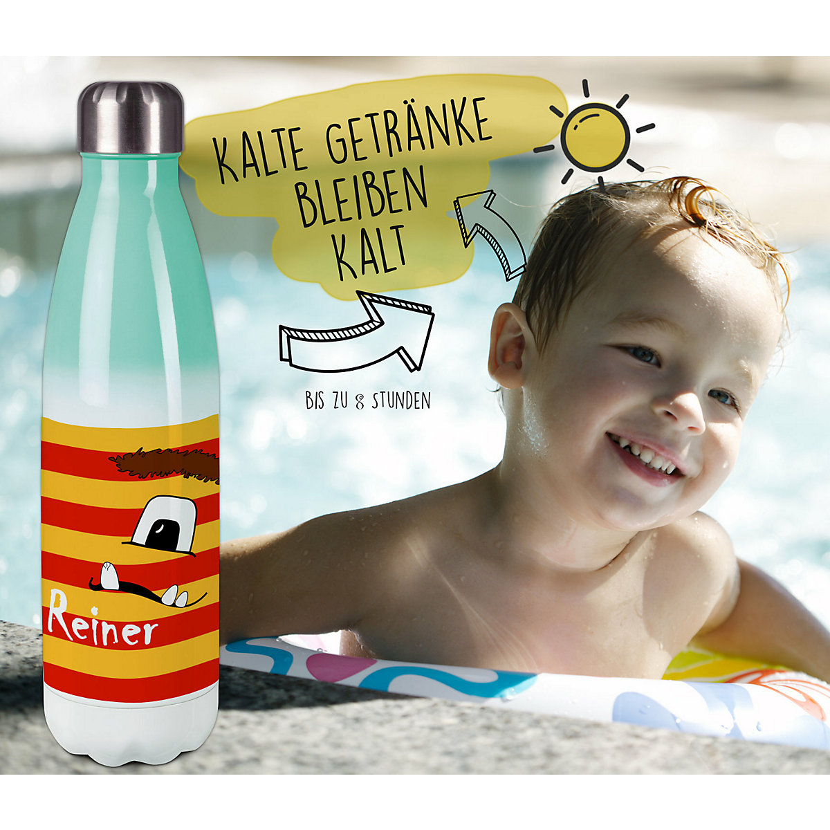 Edelstahl Kinder Thermoflasche / Trinkflasche bunt Monster Streifen Farbe rot gelb Spülmaschinenfest, Auslaufsicher, Bruchfest, Doppelwandig, Für Heißgetränke geeignet, Mit Deckel, Isoliert