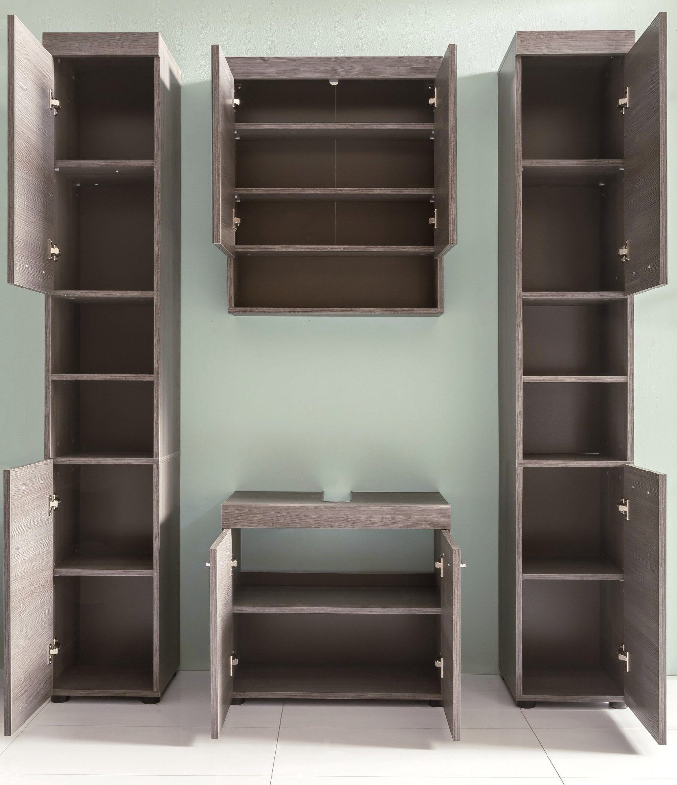 trendteam Badmöbel-Set Runner, (Badezimmer 4-teilig in grau Rauchsilber, 150 x 190 cm), Set mit 2x Hochschrank