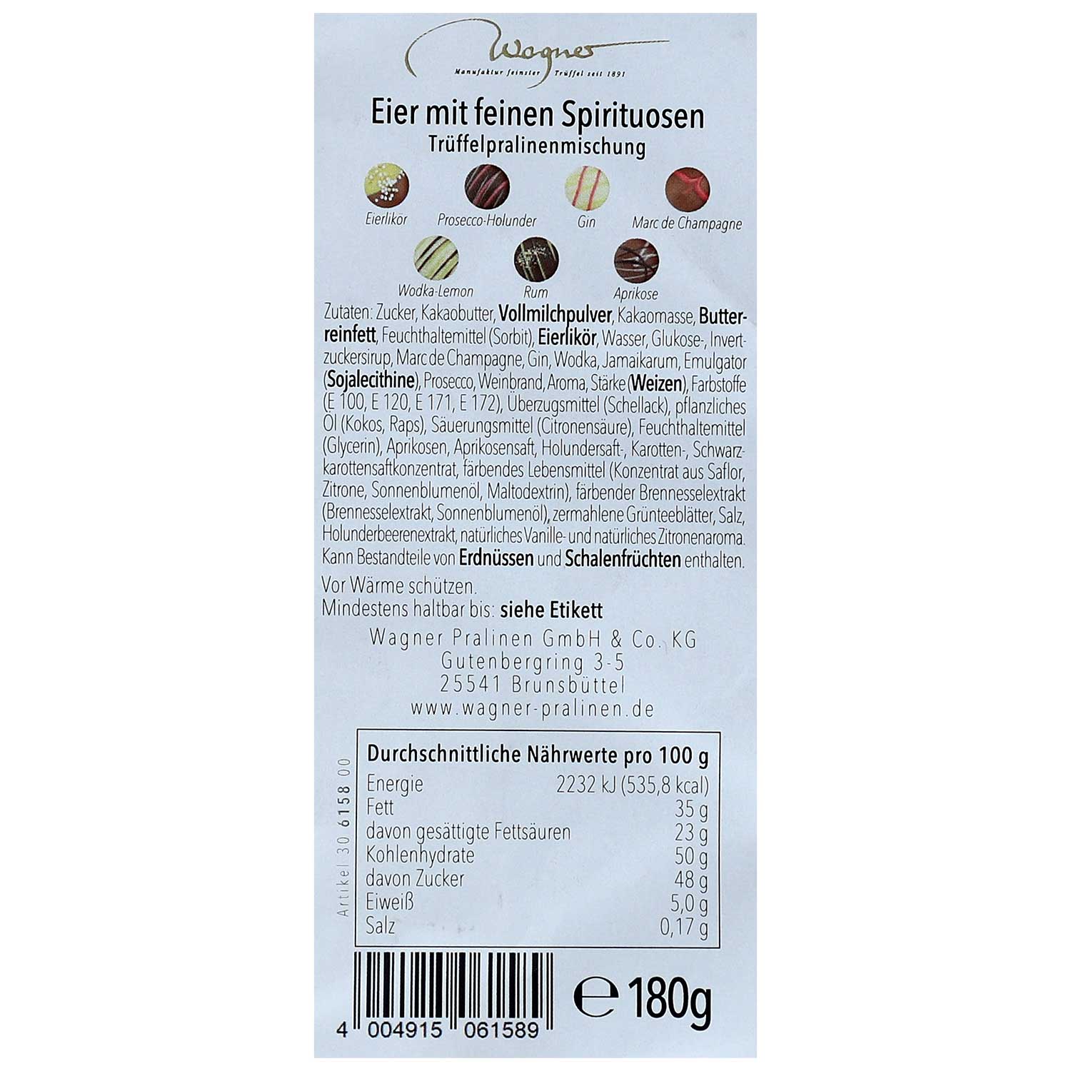 Wagner Trüffelpralinen Eier mit Alkohol handgefertigt 180g