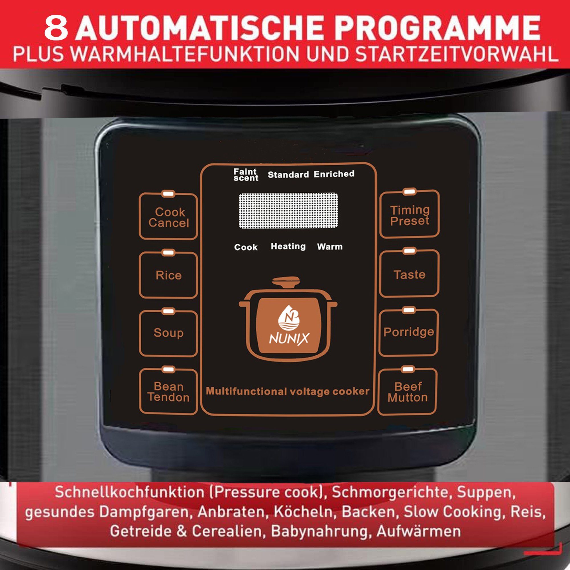 Mutoy Reiskocher Digitaler Reiskocher mit Dampfgarer weiß,Multikocher 6 Liter, Schnellkochtopf,Warmhaltefunktion, Timer,8 Automatische Programme