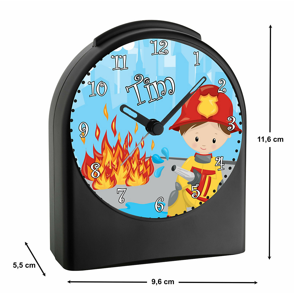 Kinder Funkwecker personalisiert mit Namen Feuerwehrmann Atom-/Funkuhr, 12-Stunden-Anzeigeformat, Schlummerfunktion, Nachtlicht, Geräuschlos/Ohne Ticken
