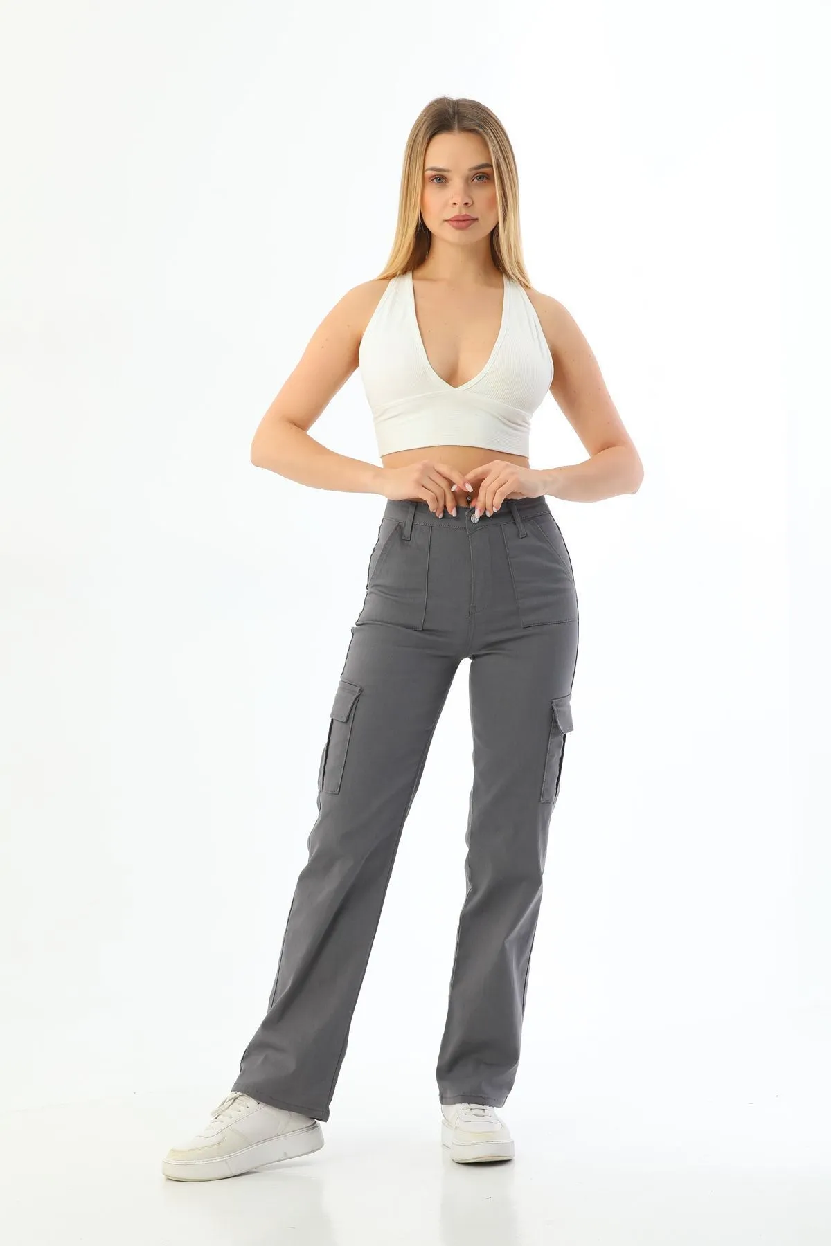 BİKELİFE  Graue Cargo-Hose aus Lycra mit hoher Taille und weitem Bein und Tasche