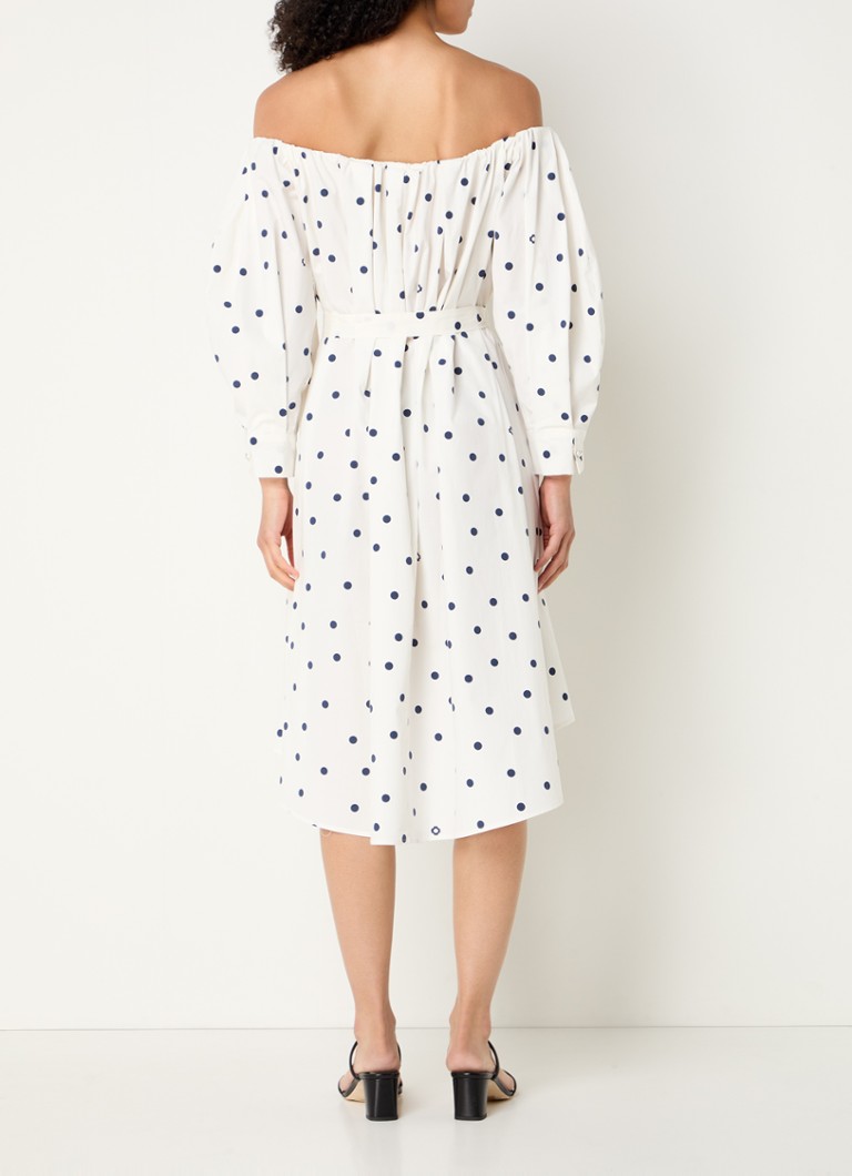 Maje off-shoulder midi dress with polka dot print and tie belt