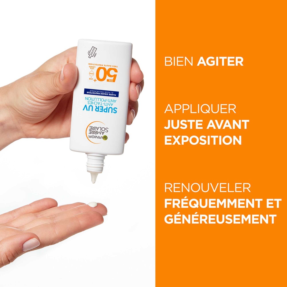garnier Ambre Solaire Super UV Visage Fluide protecteur à l'acide hyaluronique FPS 50+ anti-taches anti-pollution